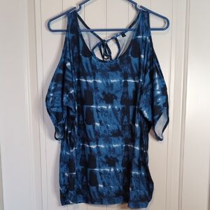 Blue Tie-Dye Women's Top With Unique Sleeves, Side Gathers & Keyhole Back XL